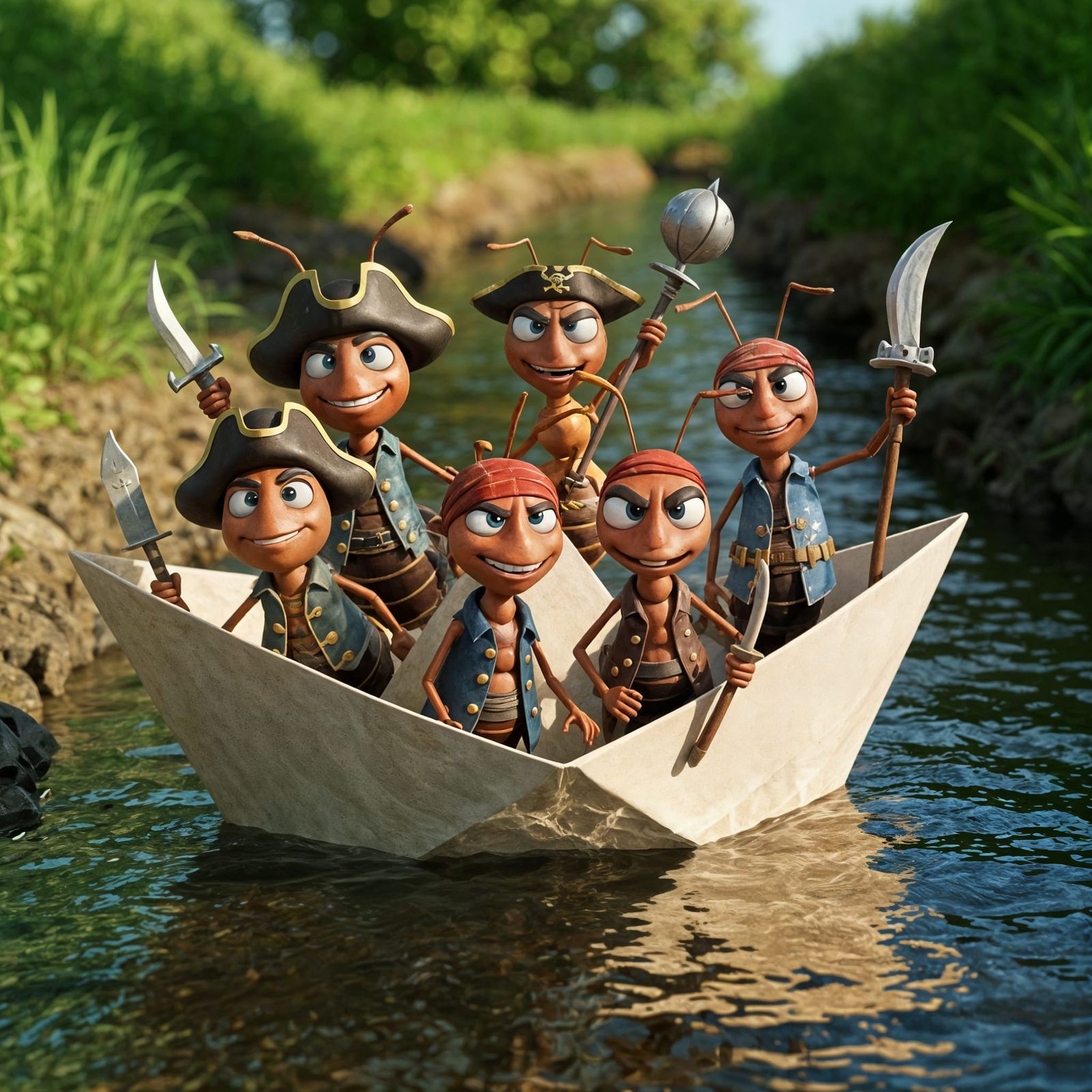 Cartoon Pirate Ants Sailing a Paper Boat