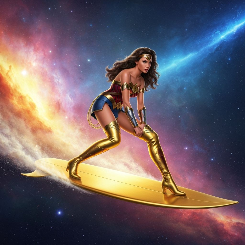 Cosmic Wonder Woman Surfs Through Space in Gold