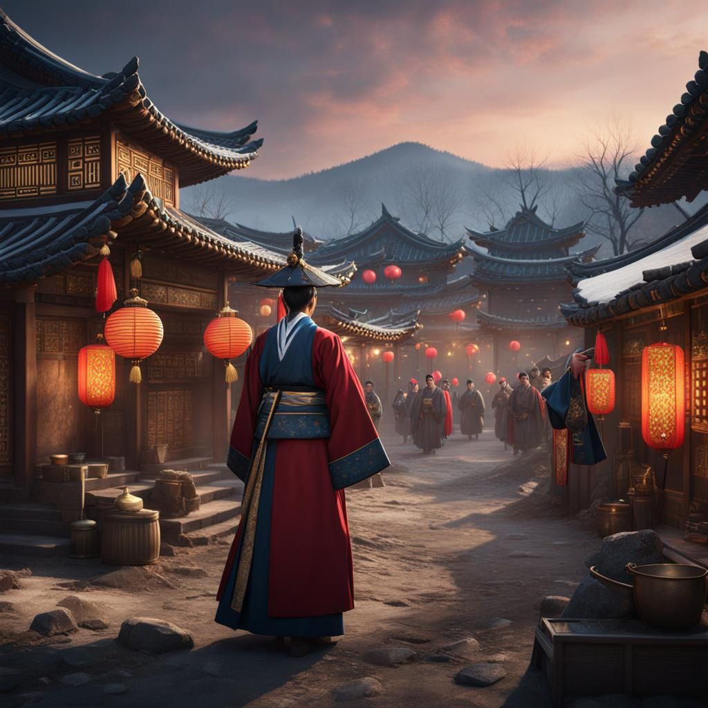 Korean Noble Celebrates New Year: Detailed Matte Painting