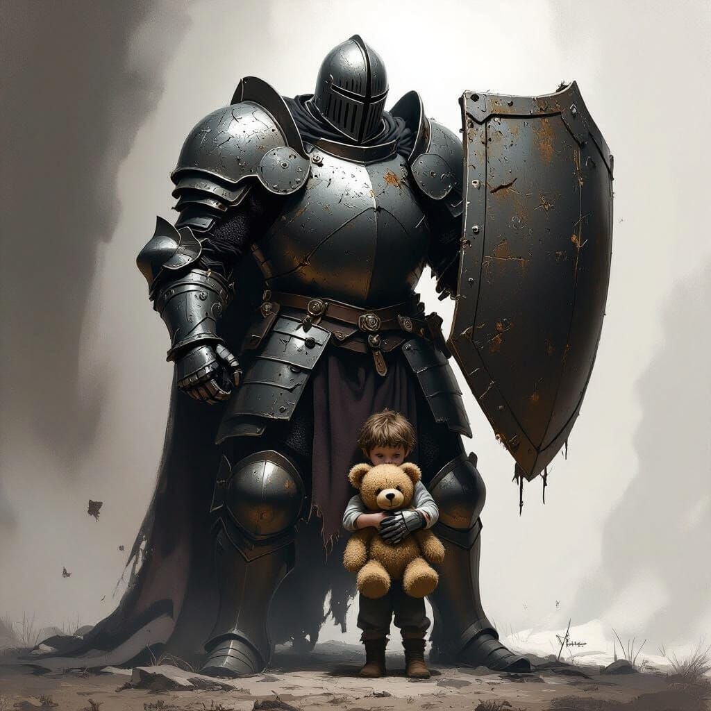 Colossal Knight Protects Boy in Dark Fantasy Art