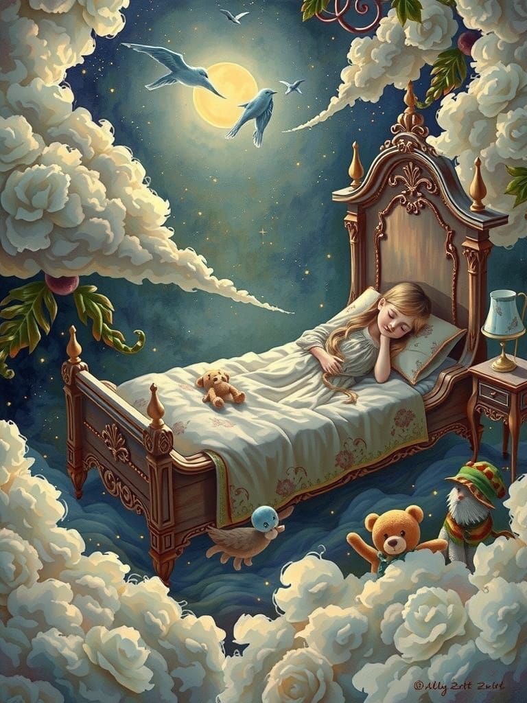 A Dreamy Watercolor of a Sleeping Girl in a Whimsical Clouds...