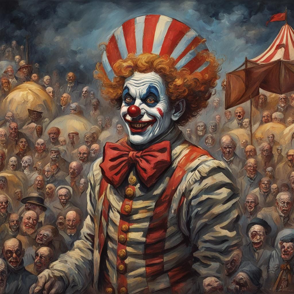 1890 Scary Circus Clown Act in Gouache Style, Watercolor, Museum Epic Impressionist Maximalist Masterpiece, Thick Brush ...