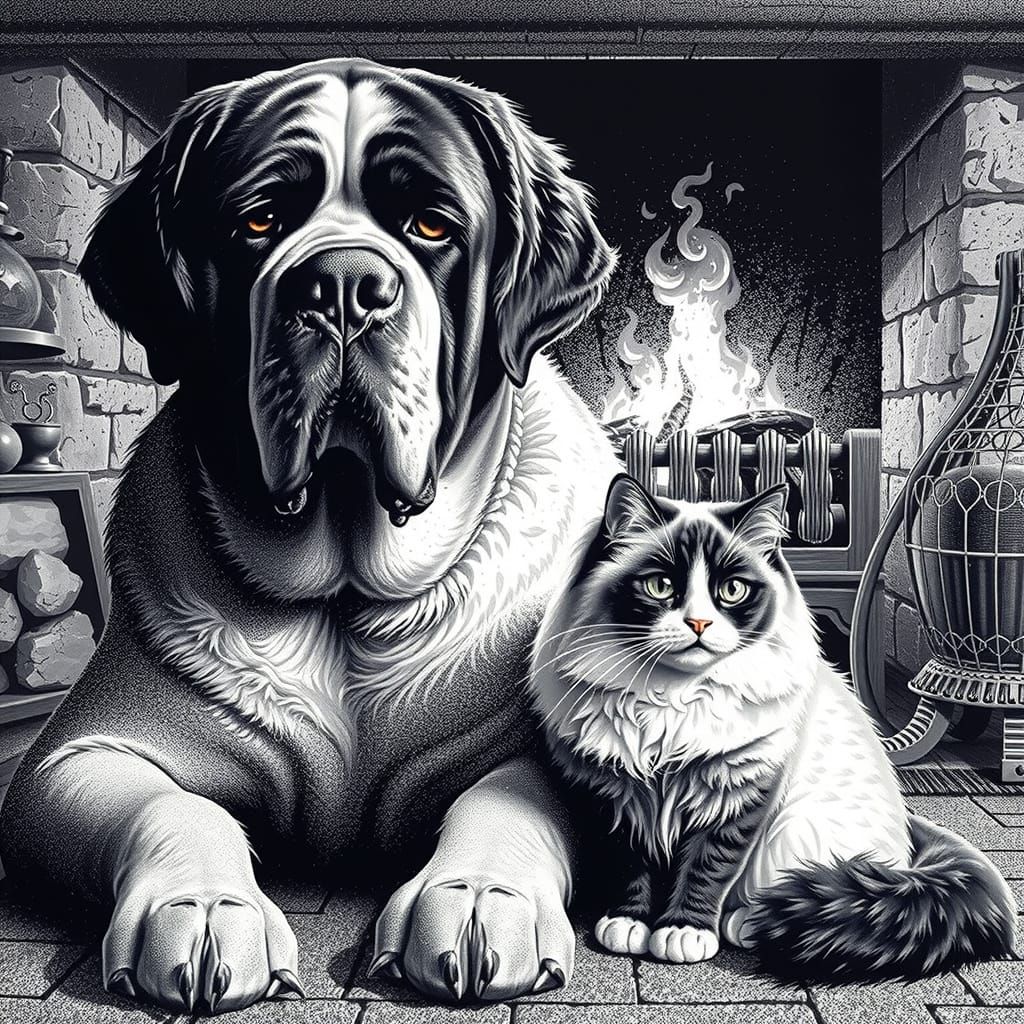 Stippling Ink Drawing of Saint Bernard and Cat