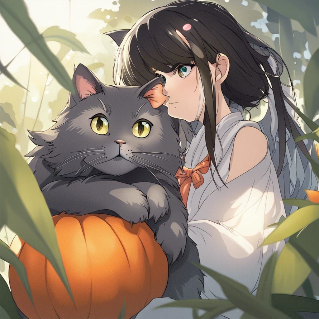 A girl and a pumpkin cat