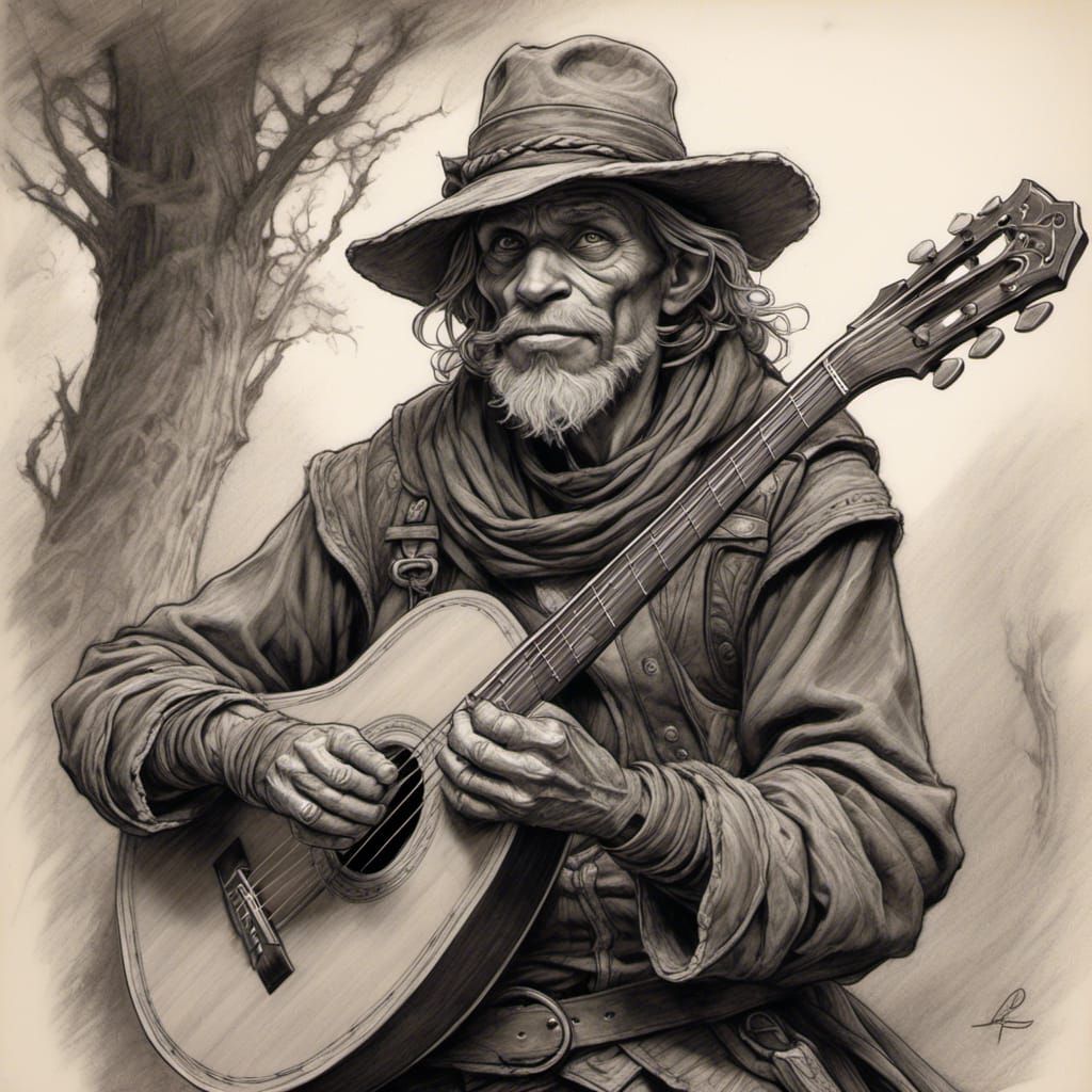 Post-Apocalyptic Minstrel: Detailed Charcoal Drawing