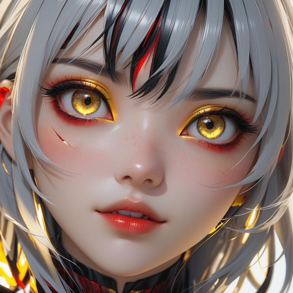 Anime Girl Portrait with Red Streaks and Yellow Eyes