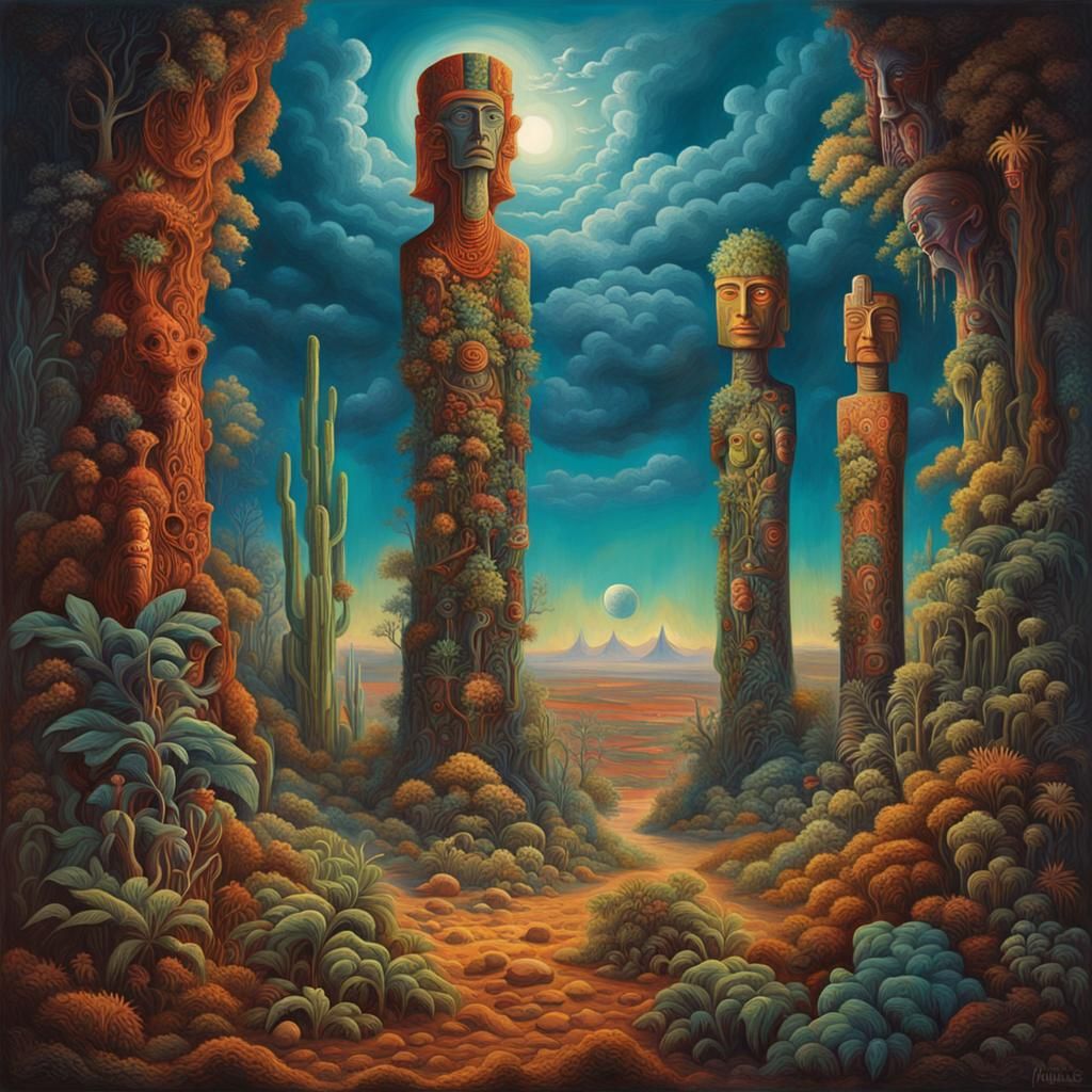 Surreal Totem Figures in Overgrown Desert Landscape