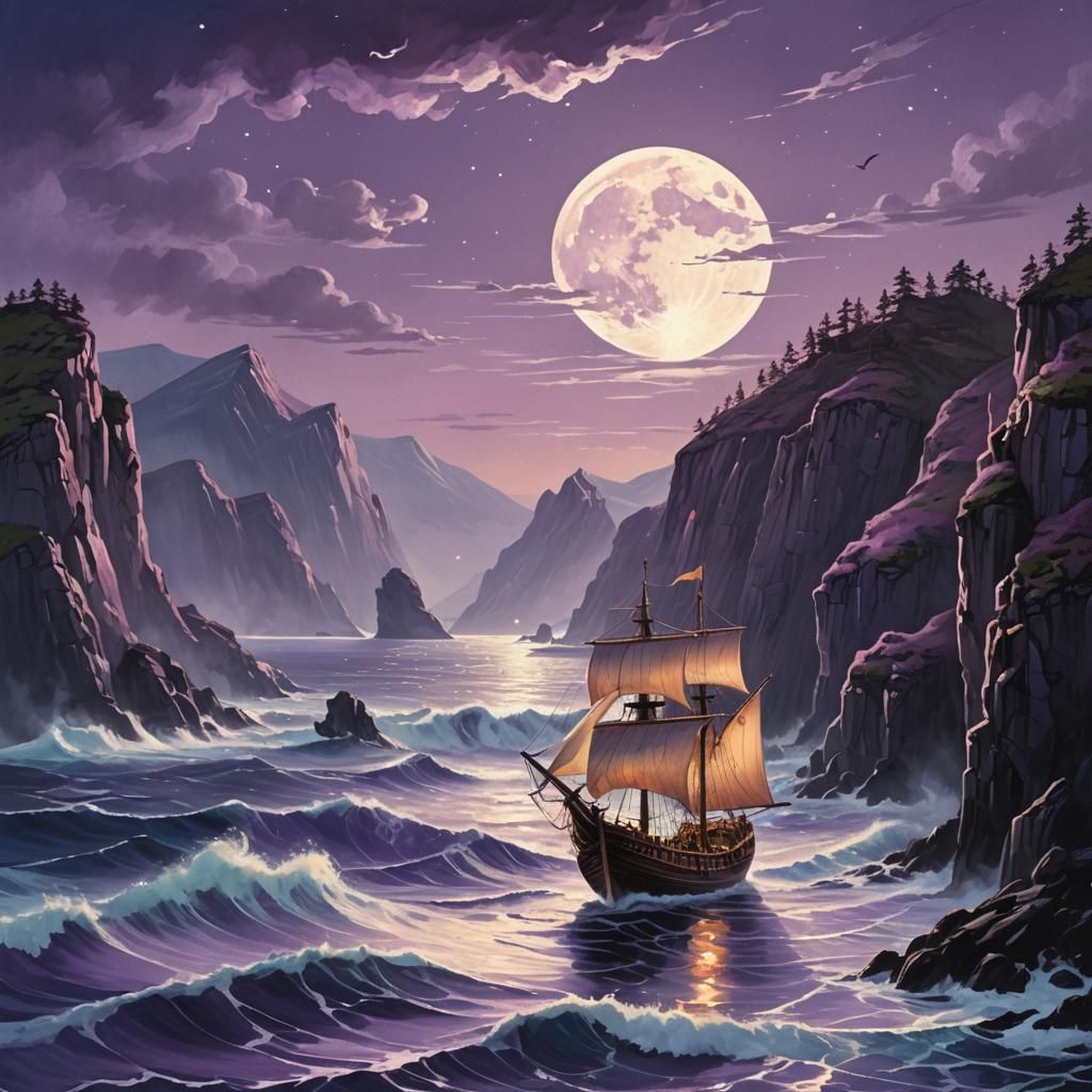 Viking Ship Under Amethyst Moon in Anime Style