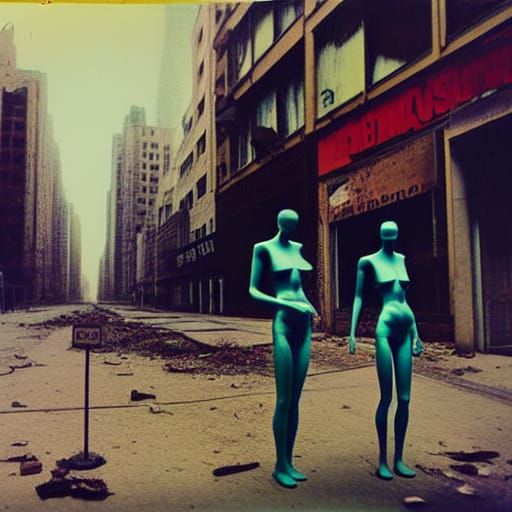 Post-Apocalyptic Mannequins in Deserted City: Polaroid Photo