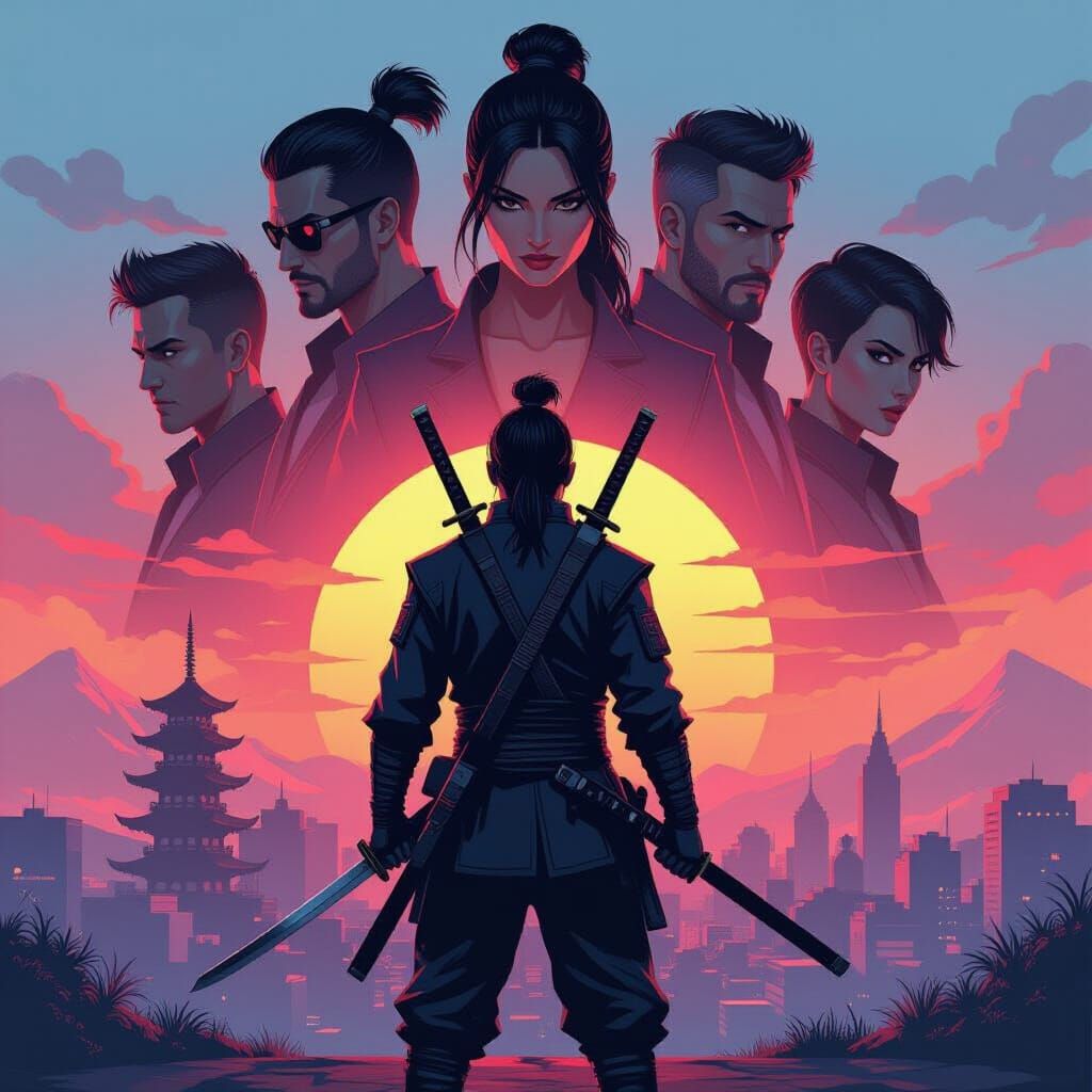 Ninja Sunset: 80s Style Action Movie Poster