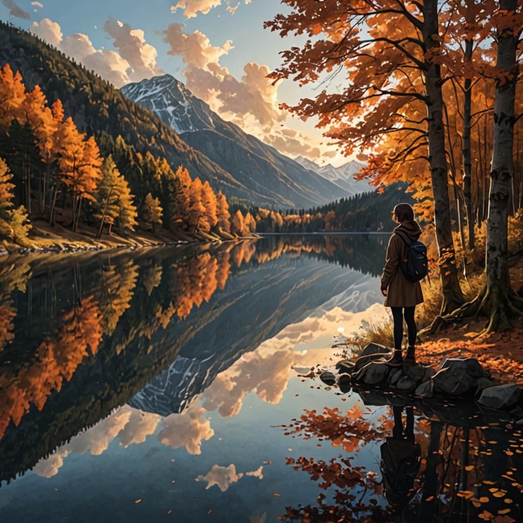 Autumnal Forest Lake Reflection at Sunset