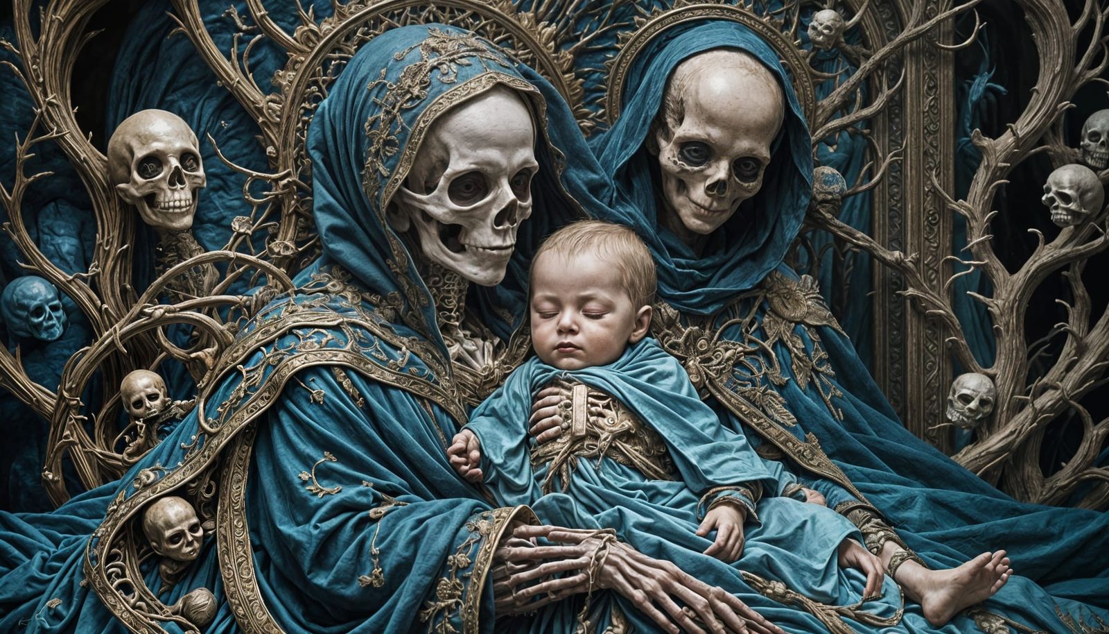 Surreal Skeletal Figure Cradling Baby: Digital Art