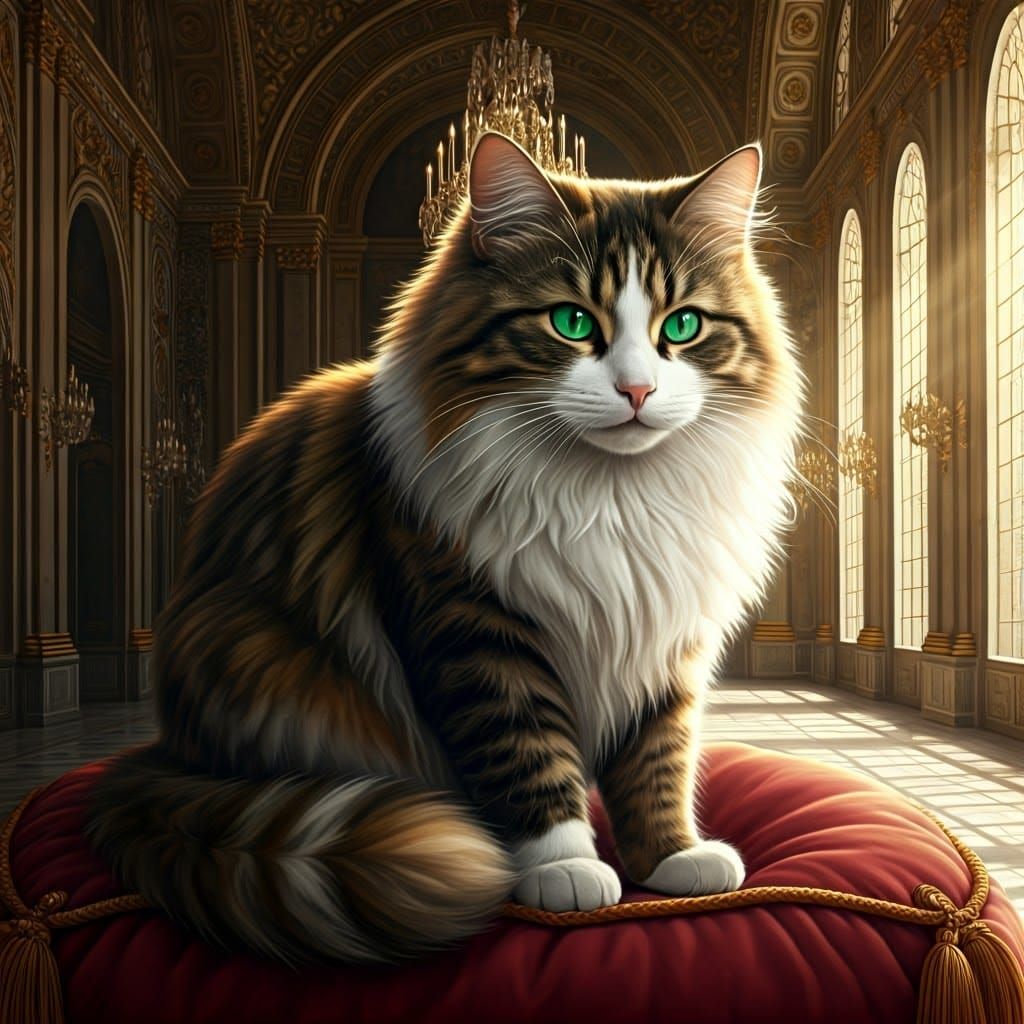 Calico Cat in Opulent Palace: Baroque Painting