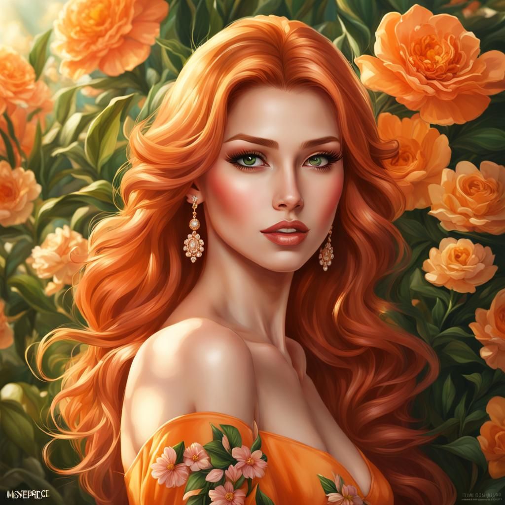 Woman with Orange Hair in Floral Setting