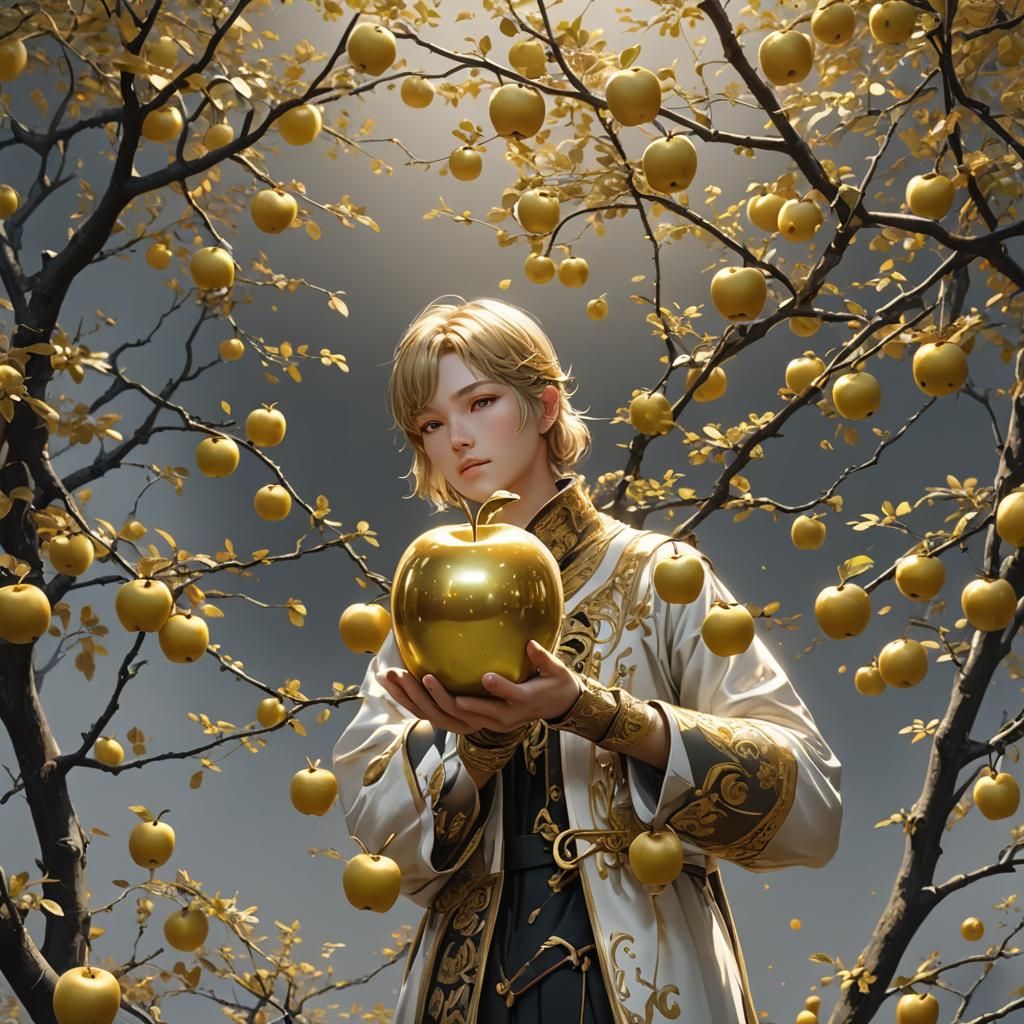 Solitary Golden Apple in 3D Anime Style