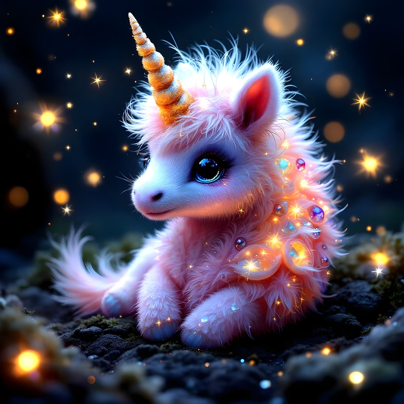 Whimsical Baby Unicorn Radiates Sparkles in Triadic Hues