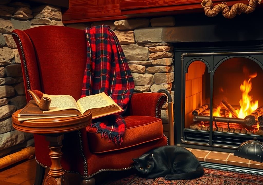 Cozy Armchair by Fireplace with Scottish Blanket