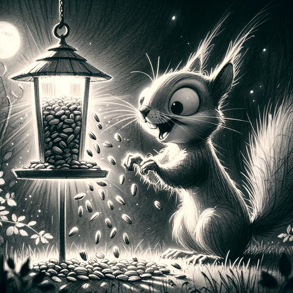Whimsical Squirrel Raiding Bird Feeder in Moonlight Sketch