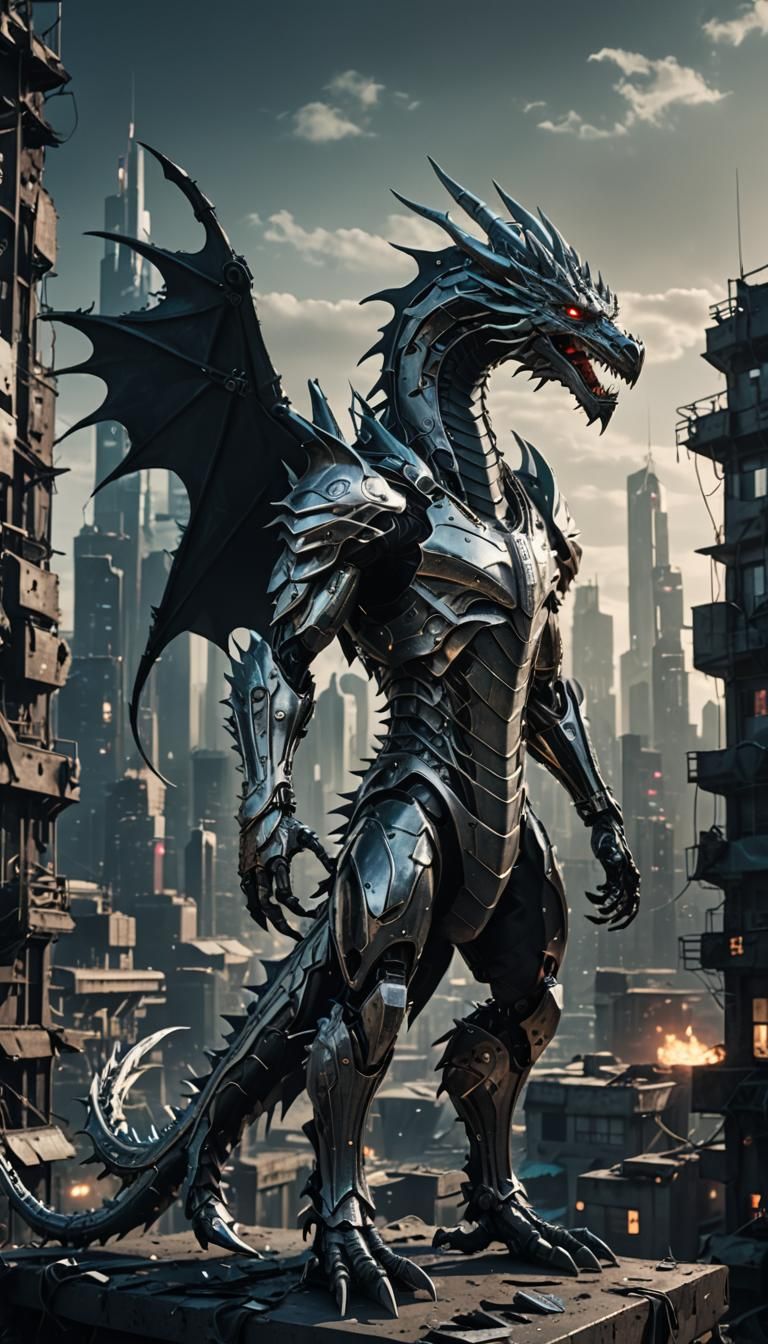 Silver Dragon in Cyberpunk Ruined Cityscape