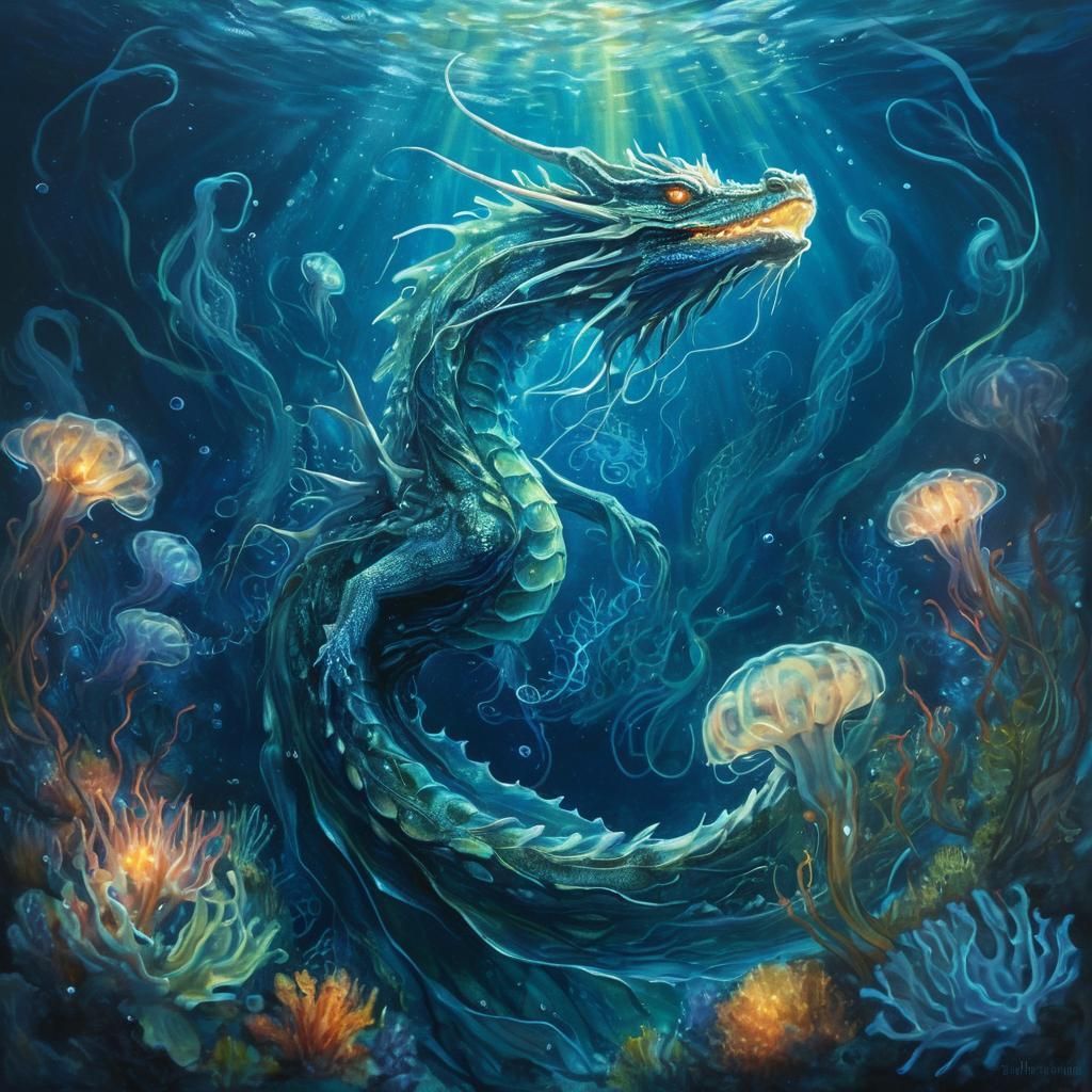 Majestic Water Dragon in Bioluminescent Deep Sea