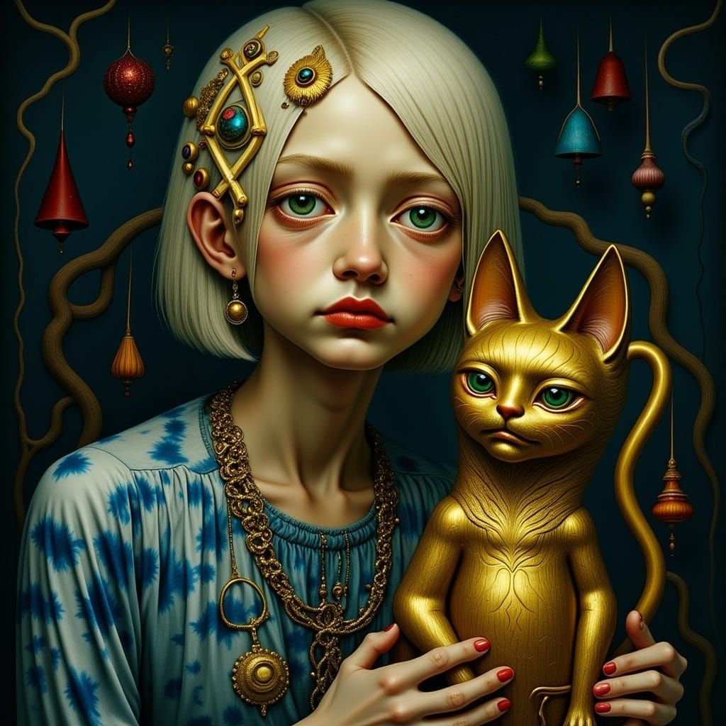 Dark Surreal Goddess with Tribal Hair Accents and Gold Cat S...