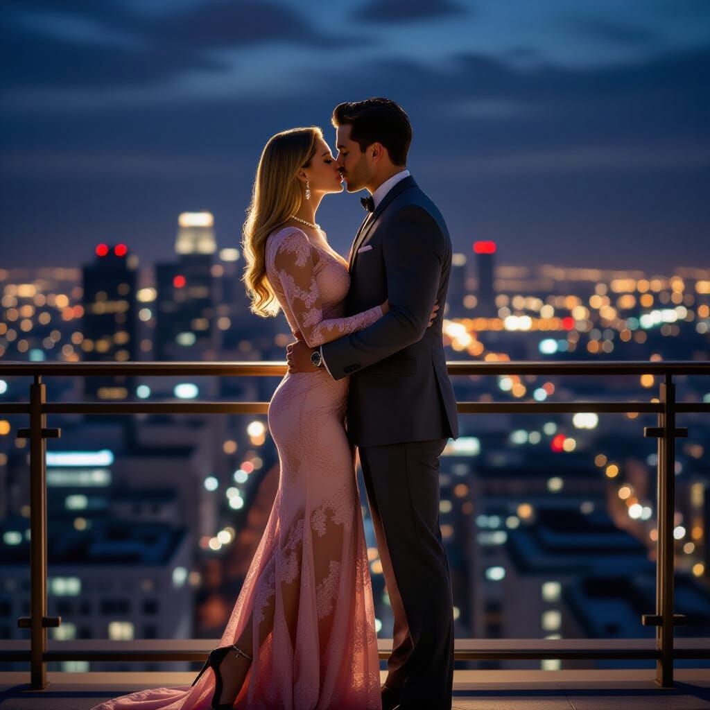 Romantic Couple Kissing on City Balcony at Golden Hour