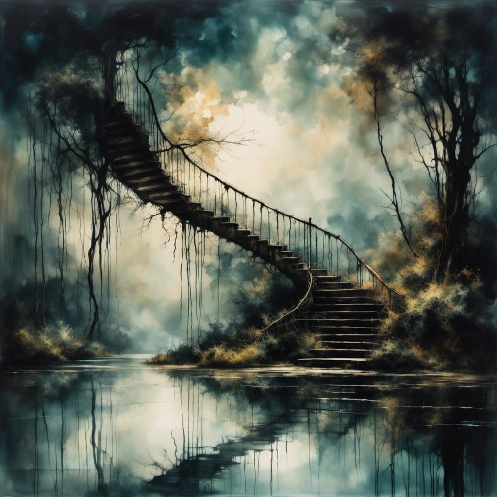 Ethereal Staircase Descending Into Pond: Surrealist Oil Pain...