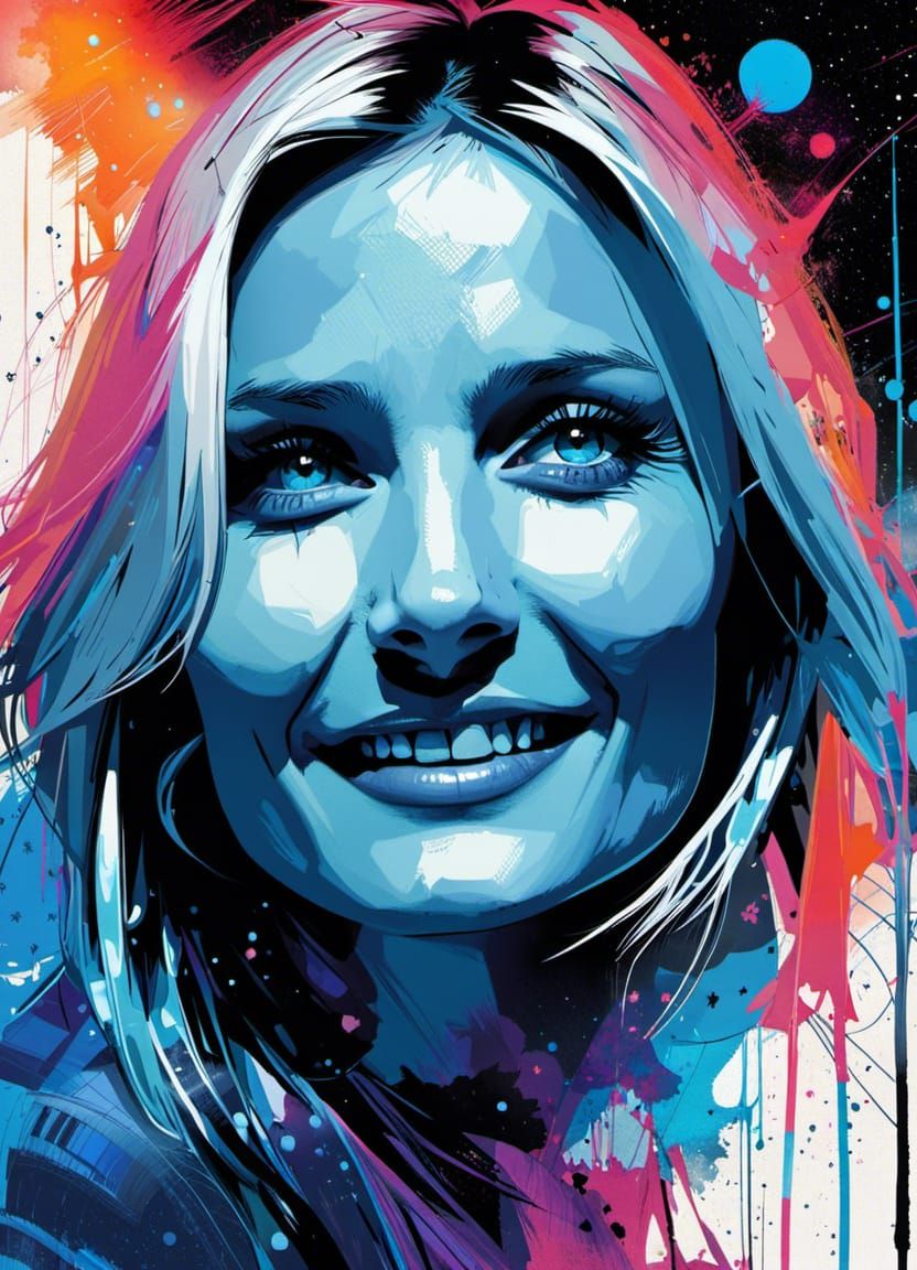 Cameron Diaz, piercing blue eyes, laughing, pensive, portrait by Russ mills, melting squares, nebula eyes, dual exposure...