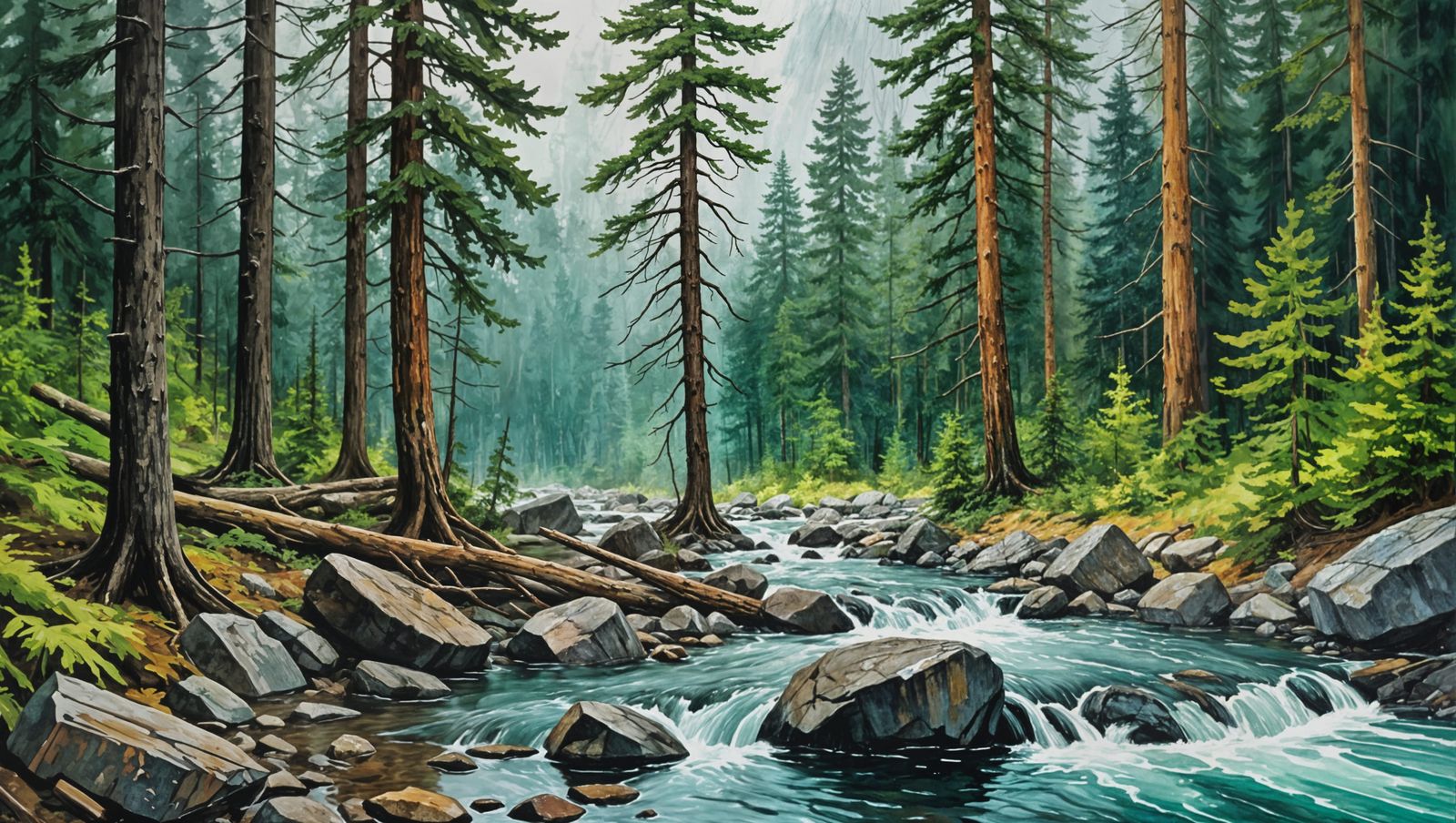 Rainstorm in Primeval Forest: Gouache Watercolor Painting