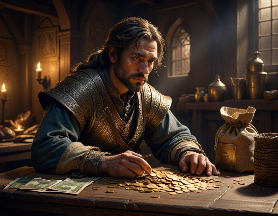 Medieval Moneychanger Counting Gold Coins in Dimly Lit Room