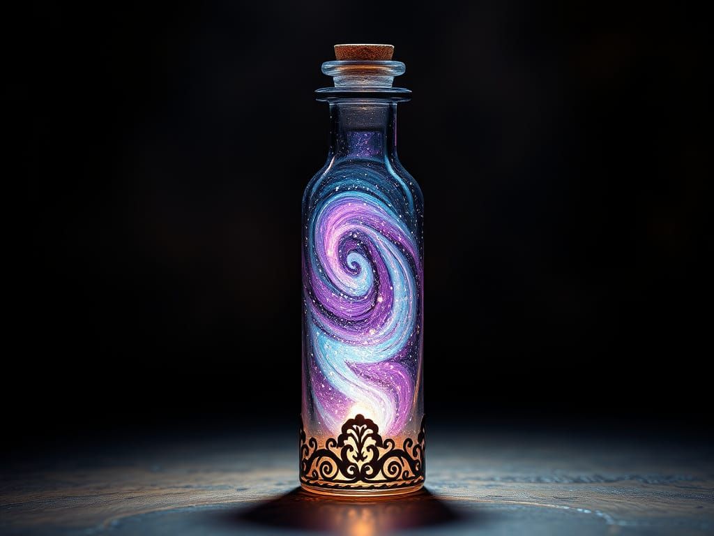 A delicate potion vial with a swirling galaxy inside, castin...