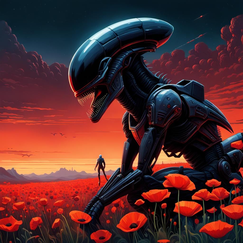 Xenomorph Having Fun in Poppy Field at Night