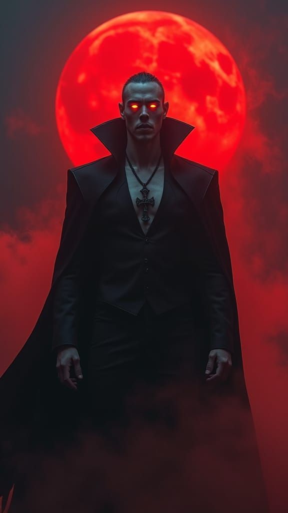 Ethereal Vampire Lord Dominates Crimson Moonlit Night