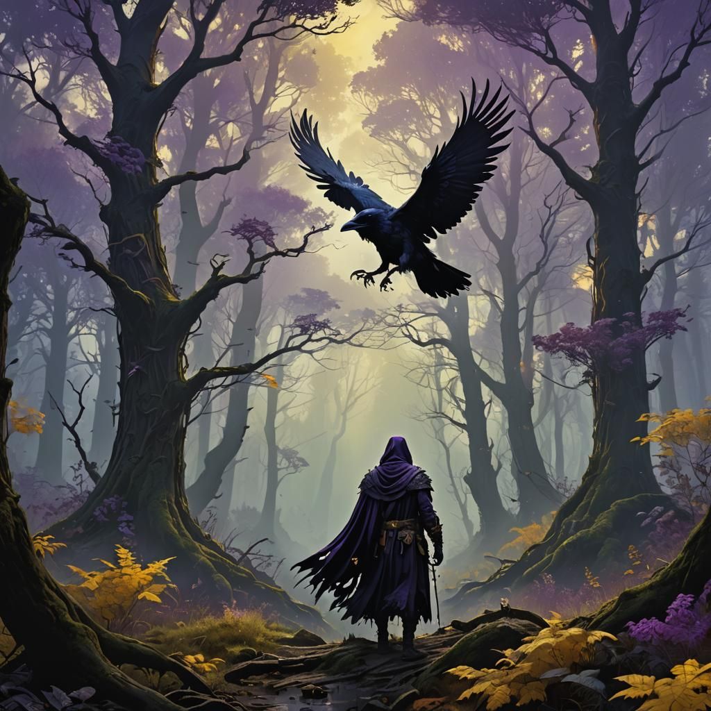 Raven Man in Misty Forest: Dark Fantasy Art