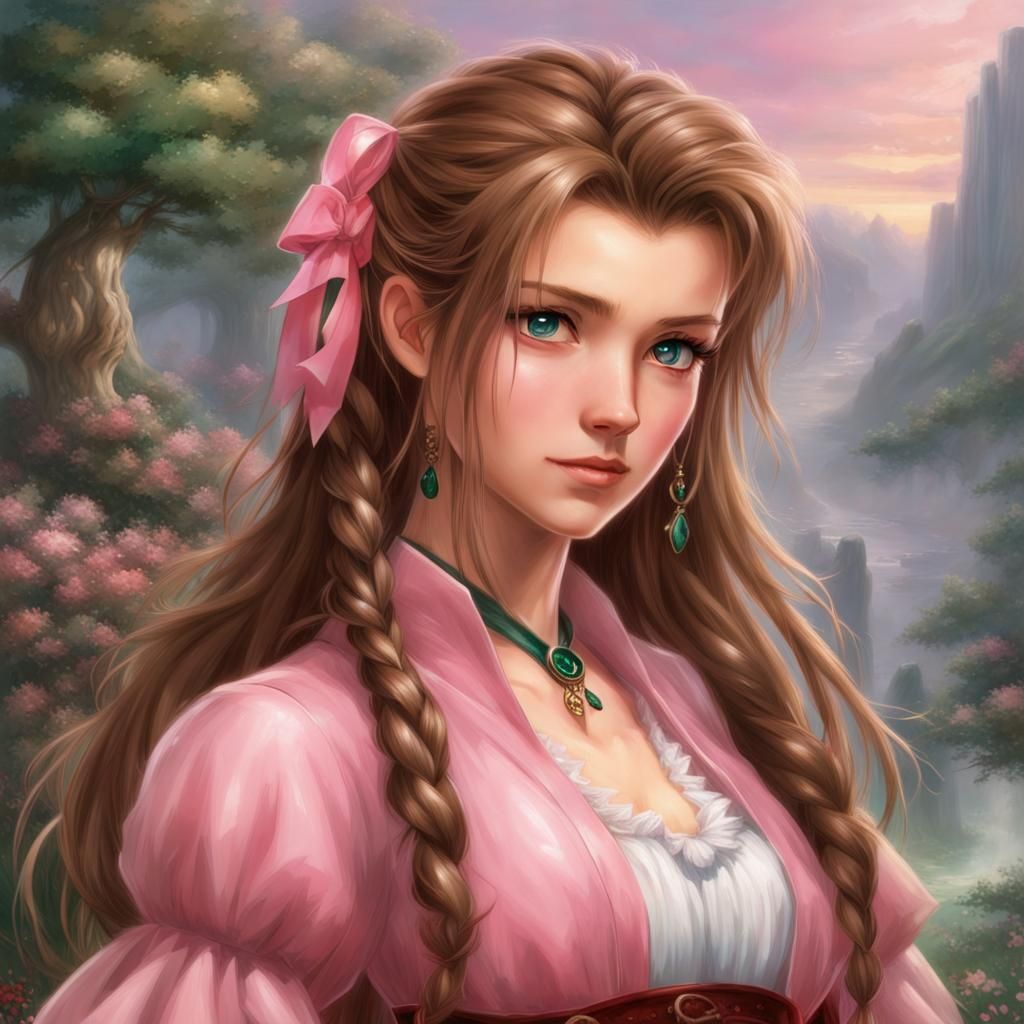 Aerith Braids Hair with Pink Ribbon in Fantasy Style