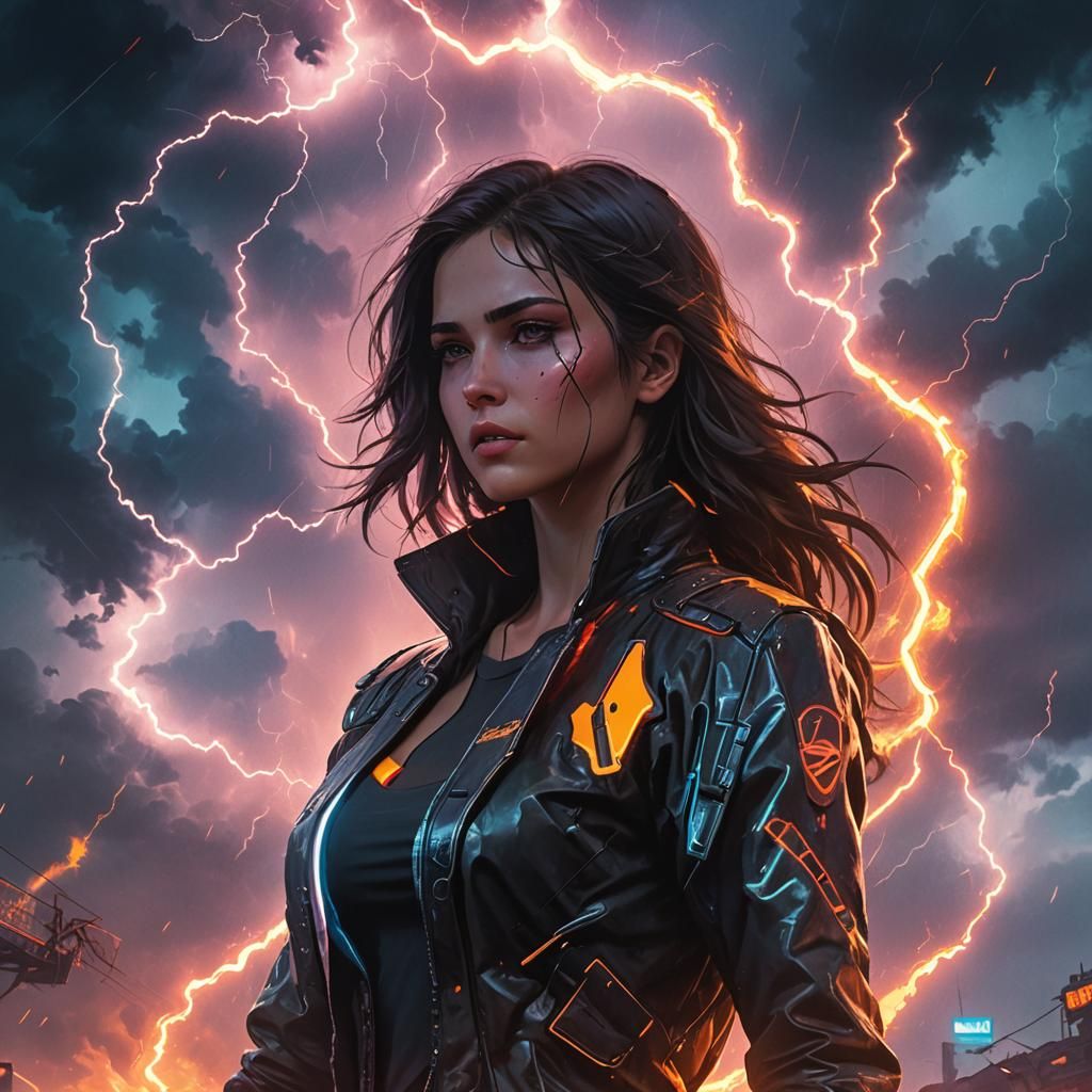 Cyberpunk Woman Amidst Lightning and Neon