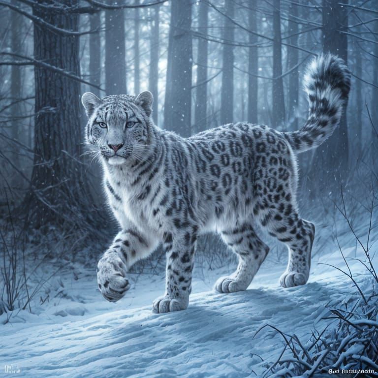 Ethereal Snow Leopard in Enchanted Forest