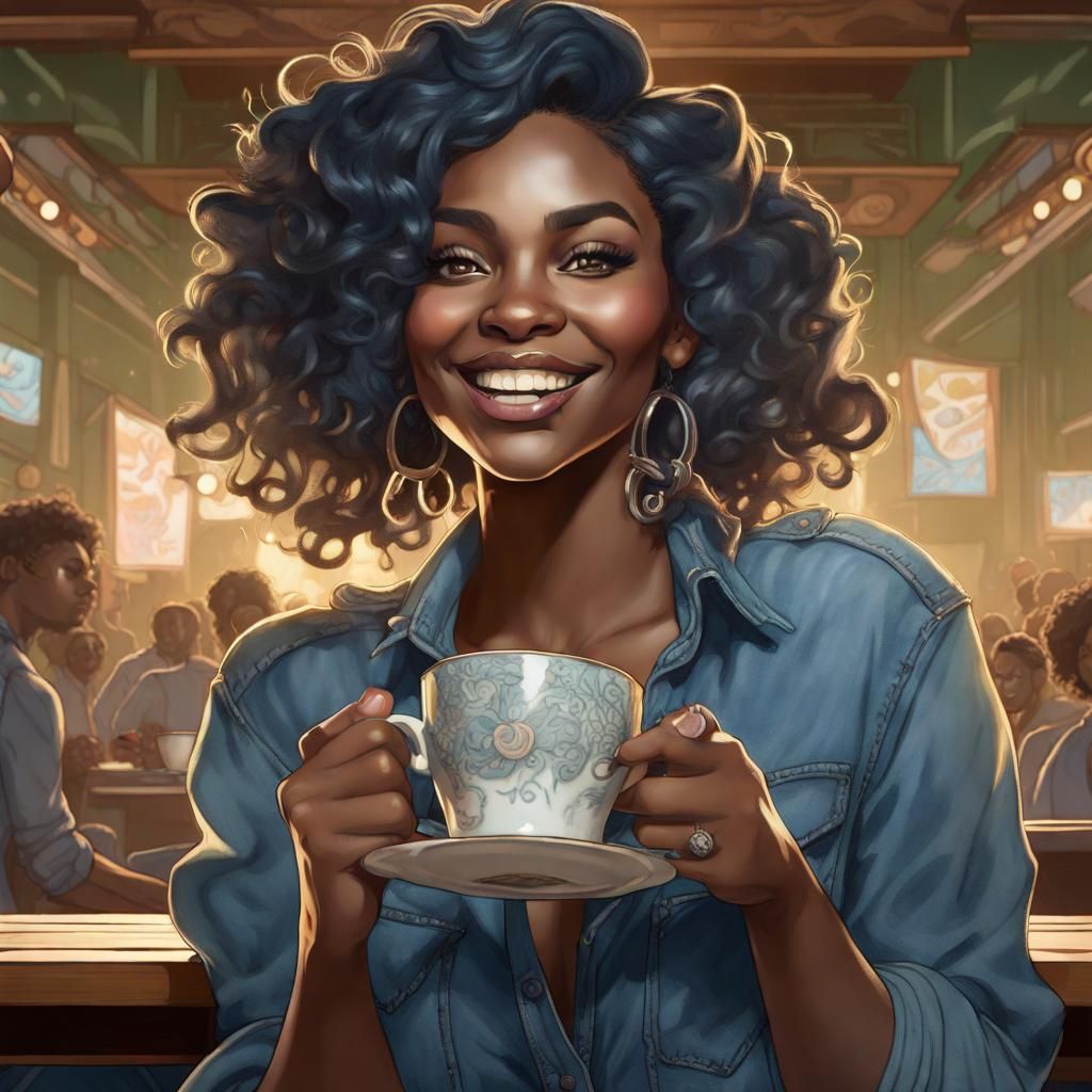 Voluptuous Woman Sipping Coffee, Dynamic Lighting Portrait