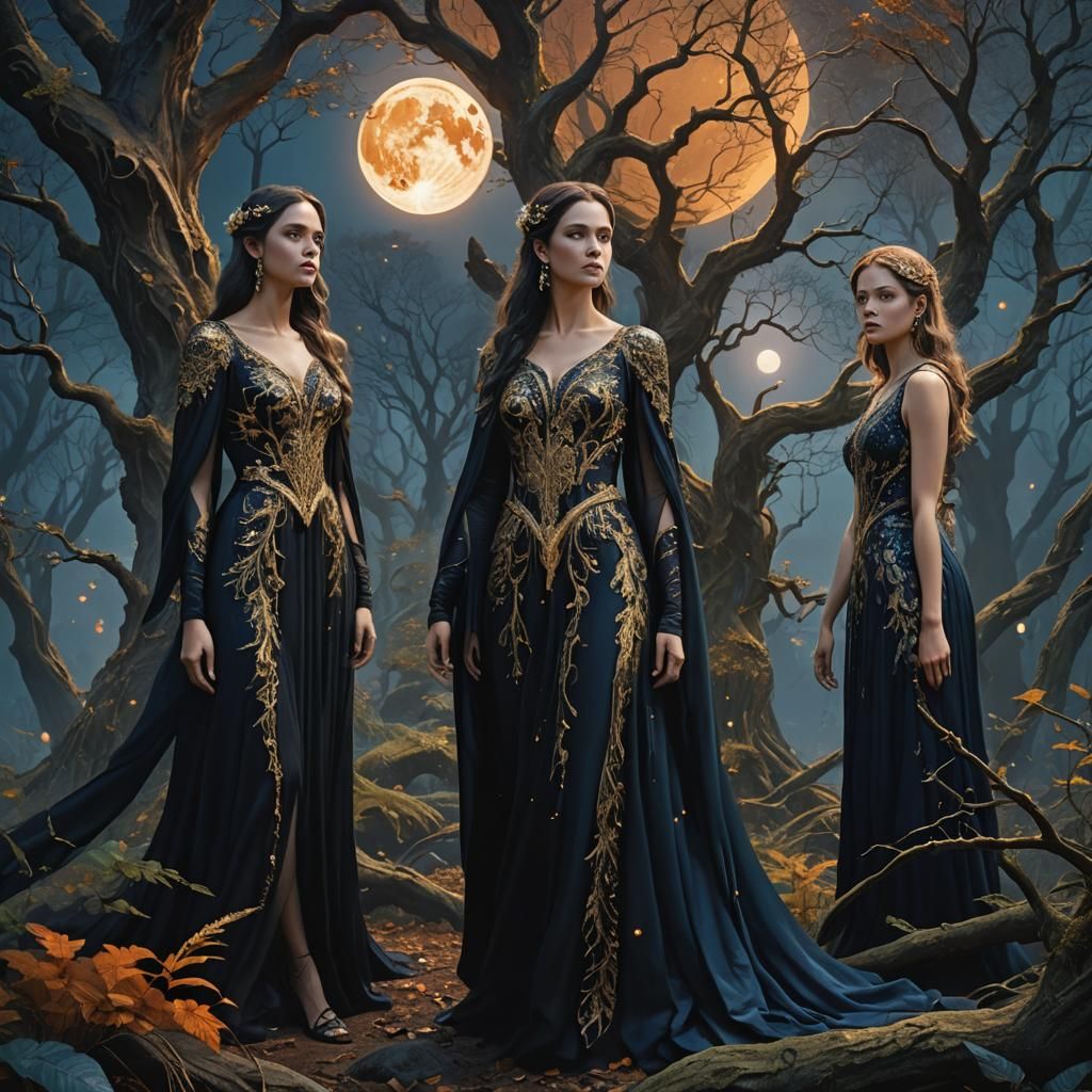 Mystical Forest: Three Women in Flowing Dresses