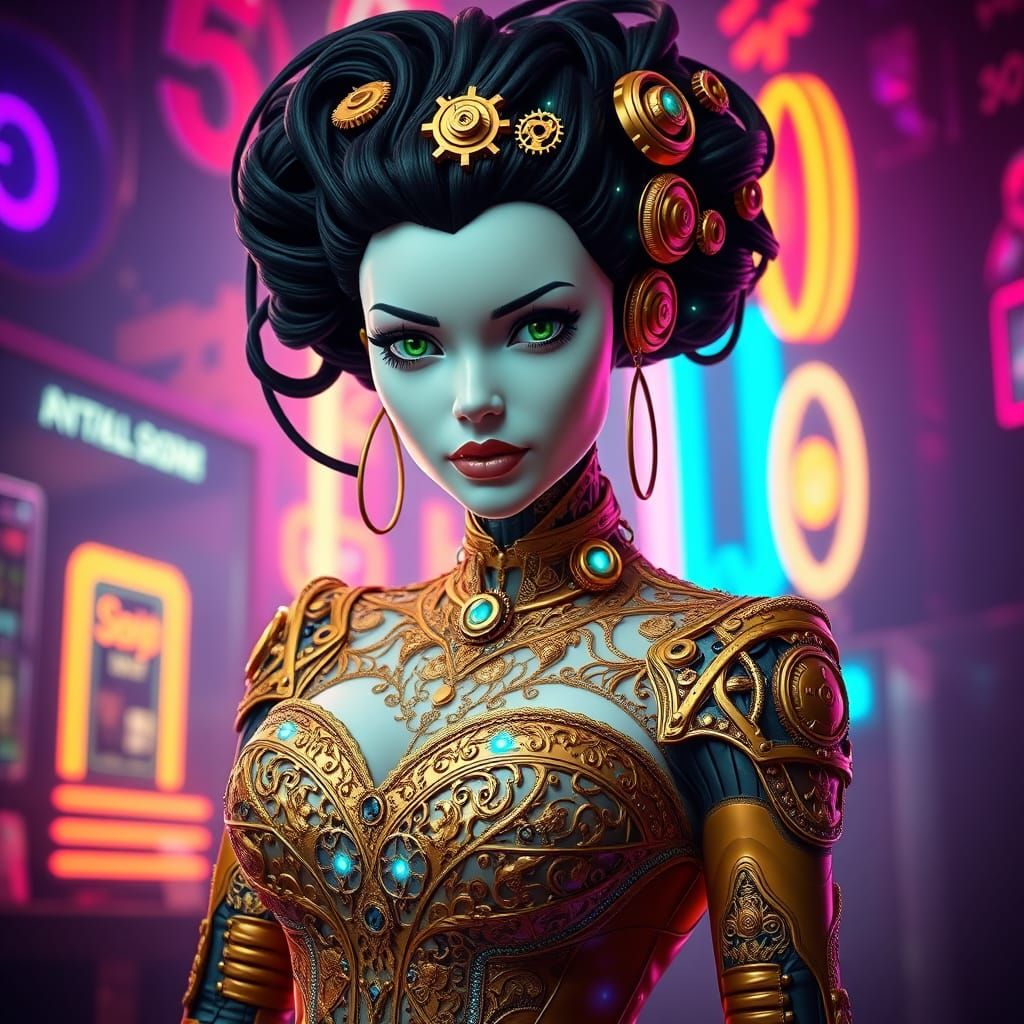 Steampunk Ladybot in Vibrant Cyberpunk Cityscape