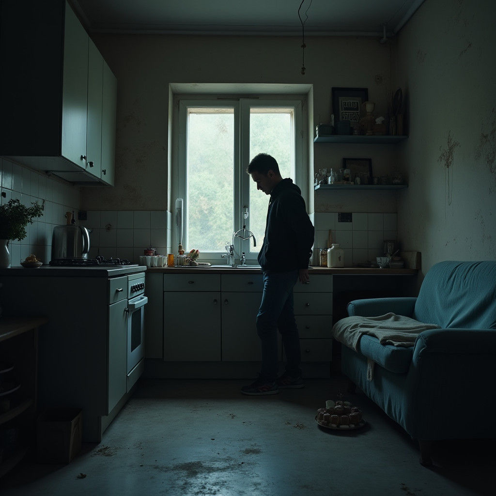 Brooding Italian Man in Empty Room, Dramatic Lighting