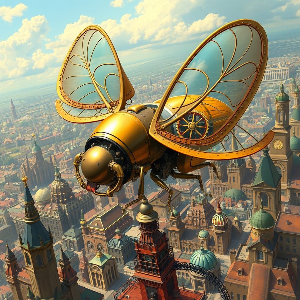 Steampunk Beetle Airship Soaring Over Victorian City
