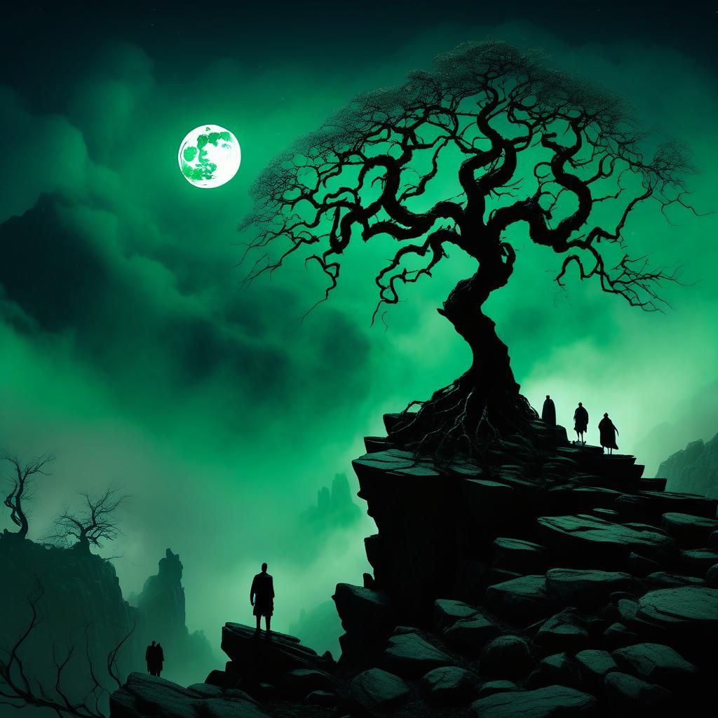 Eerie Moonlit Figure in Dark Fantasy Landscape