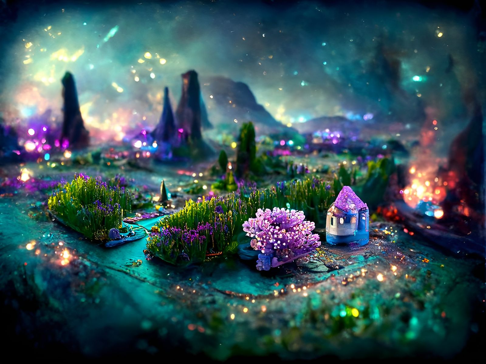 Pastel Miniature Village Vista with Bioluminescent Meadow