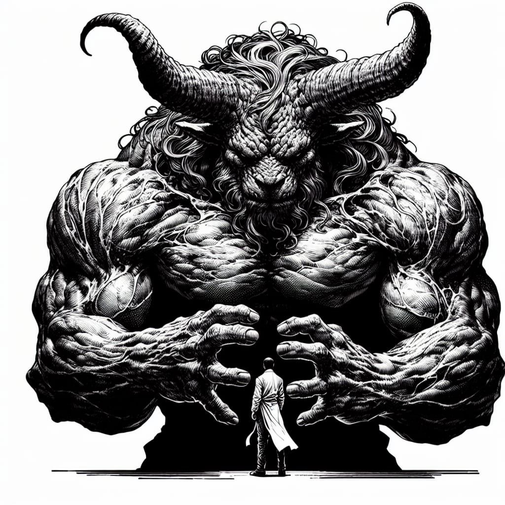 Menacing Lion-Bull Hybrid Creature in Manga Style