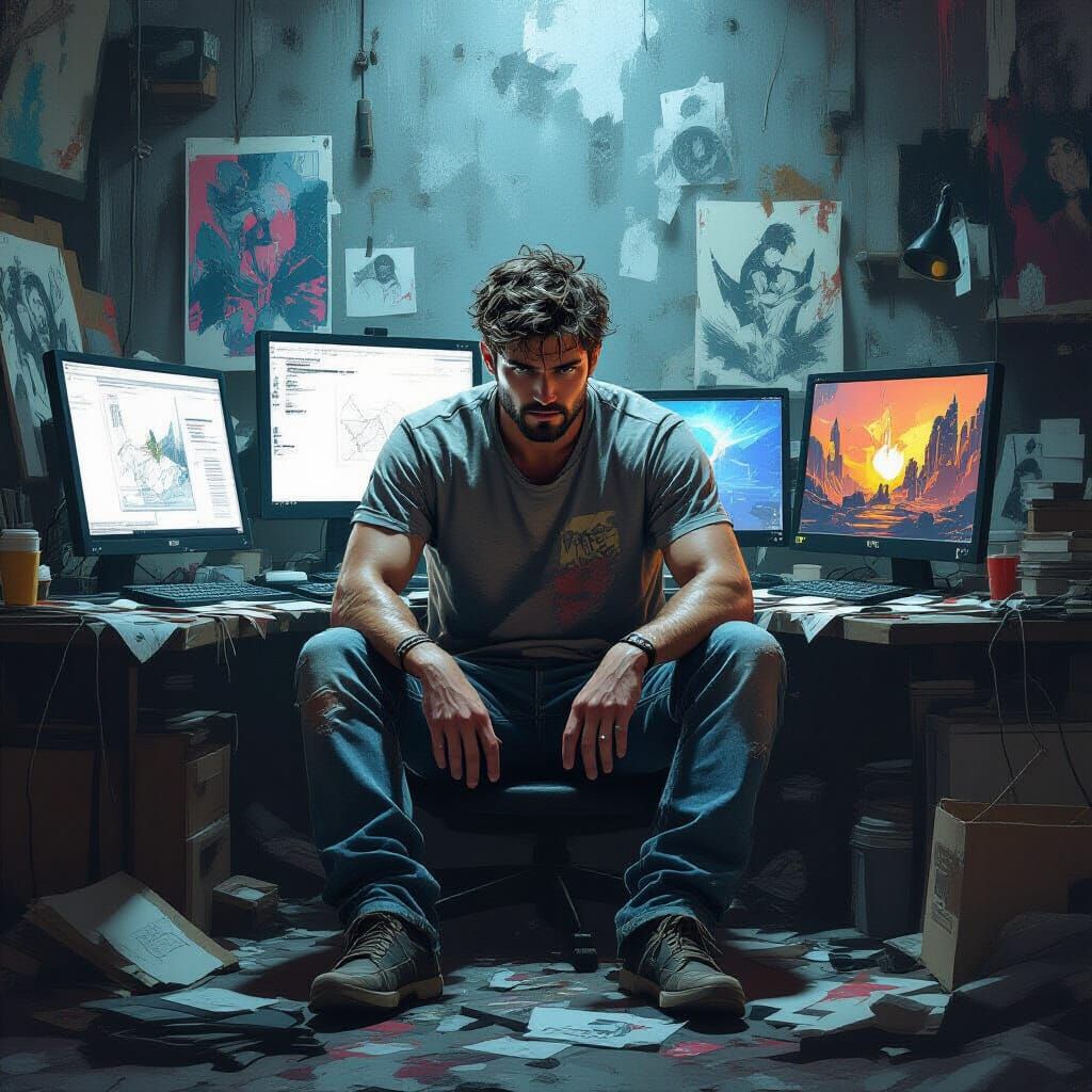 Struggling Digital Artist in Dystopian Studio