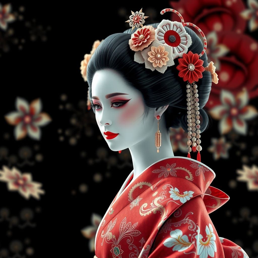 Elegant Geisha in Kimono with Fractal Art
