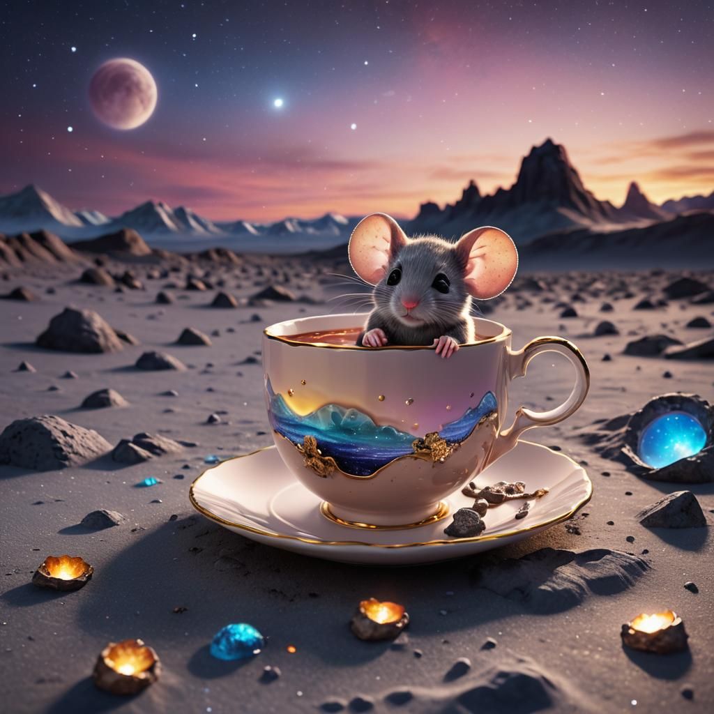 Chibi Mouse in Teacup on Moon, Hyperrealistic Photo