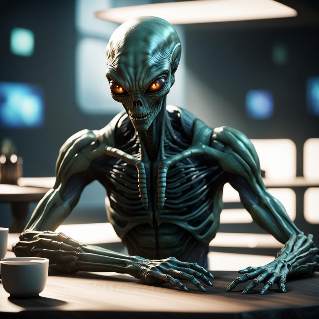 Alien at Table, Detailed 3D Game Cinematic Graphics
