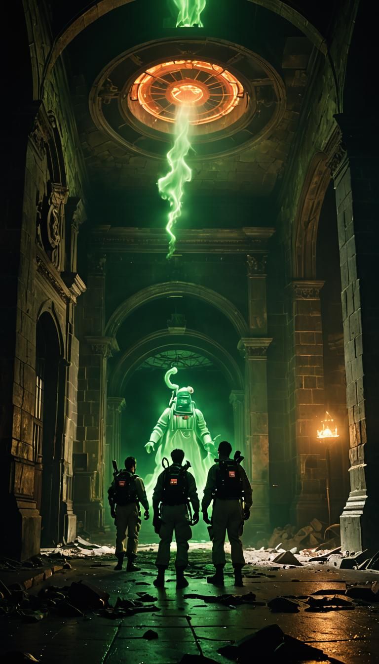 Ghostbusters Face Hellish Portal in Film Noir Style